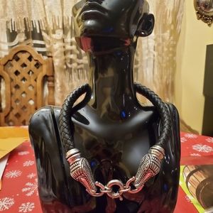 1996 Cabot Stamped DOUBLE ALLIGATOR HEAD Choker Necklace Braided Black Leather